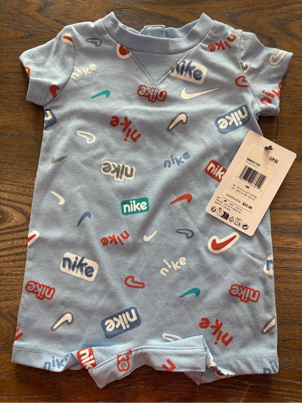 Nike | Light Blue Multi-Logo Short Sleeve Romper | 3mo
